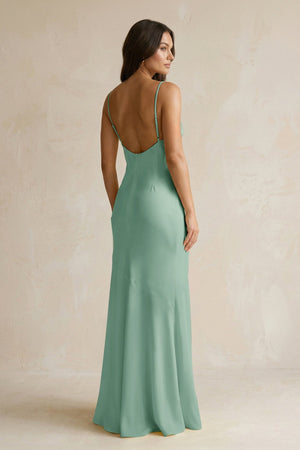 Cami Strap Sheath Satin Bridesmaid Dress With Slit in Mint Green - KissProm Bridesmaid Dresses