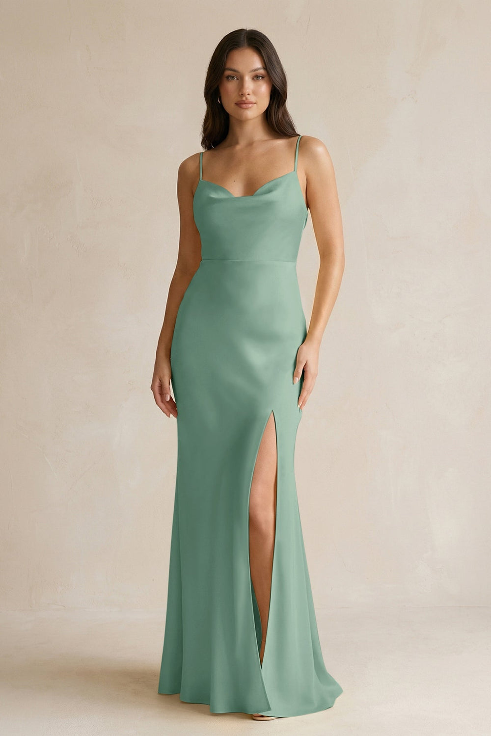 Cami Strap Sheath Satin Bridesmaid Dress With Slit in Mint Green - KissProm Bridesmaid Dresses