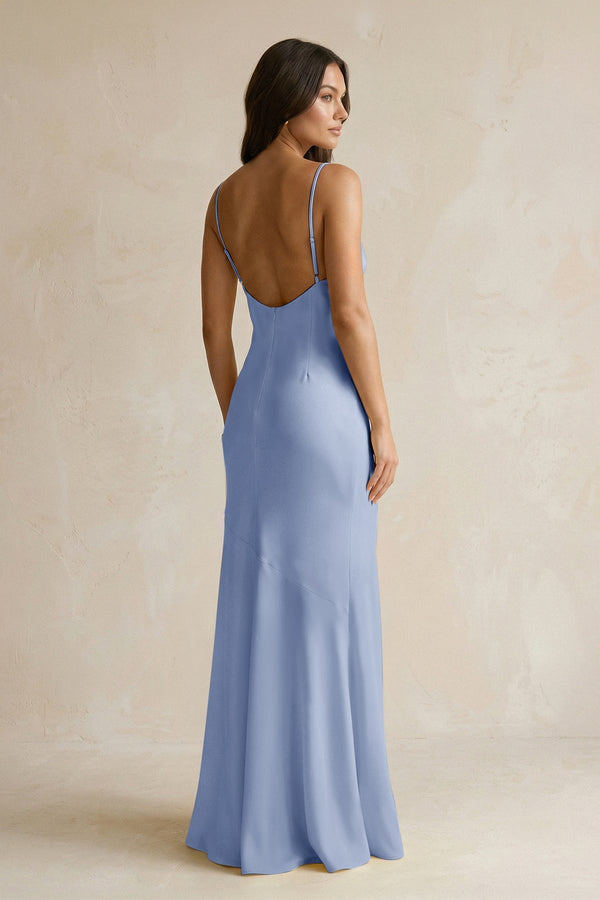 Cami Strap Sheath Satin Bridesmaid Dress With Slit in Mist - KissProm Bridesmaid Dresses