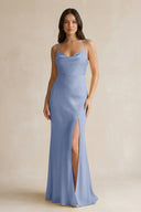 Cami Strap Sheath Satin Bridesmaid Dress With Slit in Mist - KissProm Bridesmaid Dresses