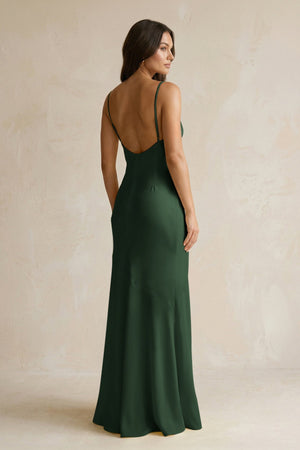 Cami Strap Sheath Satin Bridesmaid Dress With Slit in Moss - KissProm Bridesmaid Dresses