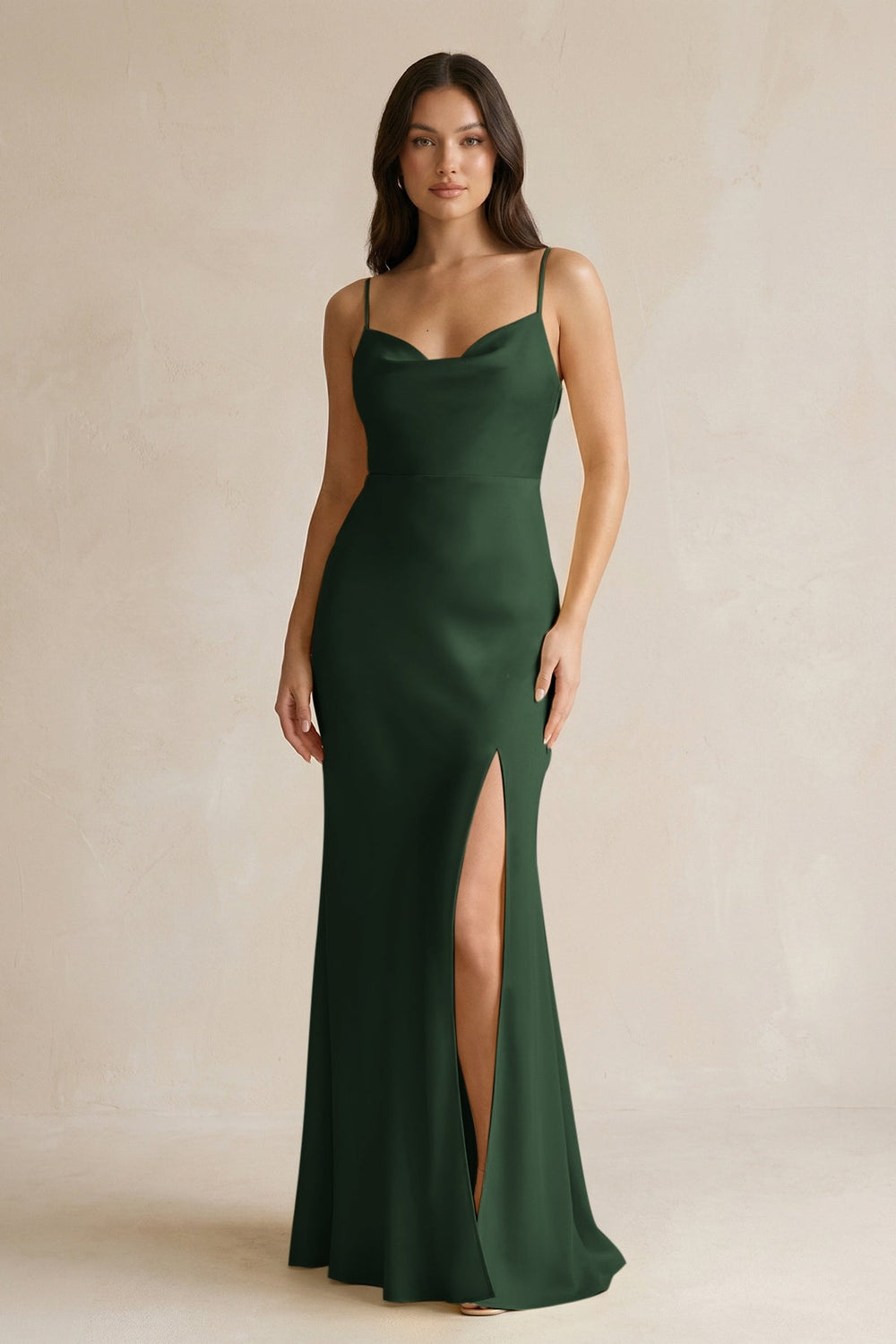 Cami Strap Sheath Satin Bridesmaid Dress With Slit in Moss - KissProm Bridesmaid Dresses
