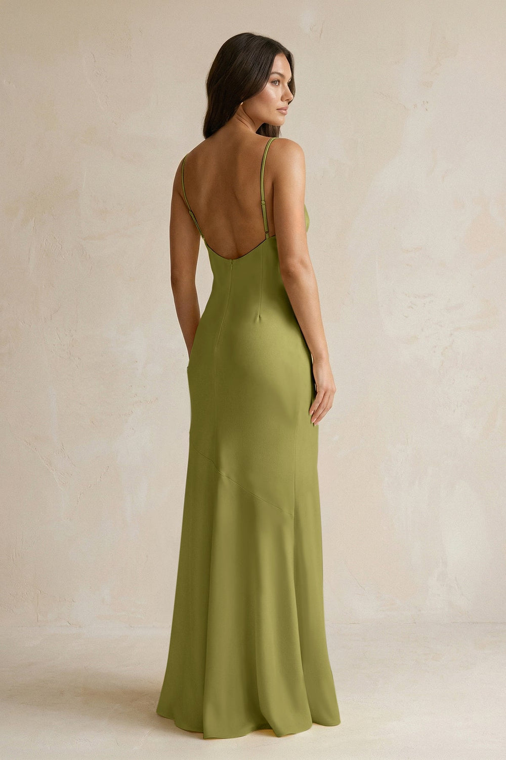 Cami Strap Sheath Satin Bridesmaid Dress With Slit in Moss Green - KissProm Bridesmaid Dresses