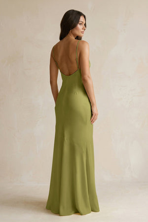 Cami Strap Sheath Satin Bridesmaid Dress With Slit in Moss Green - KissProm Bridesmaid Dresses