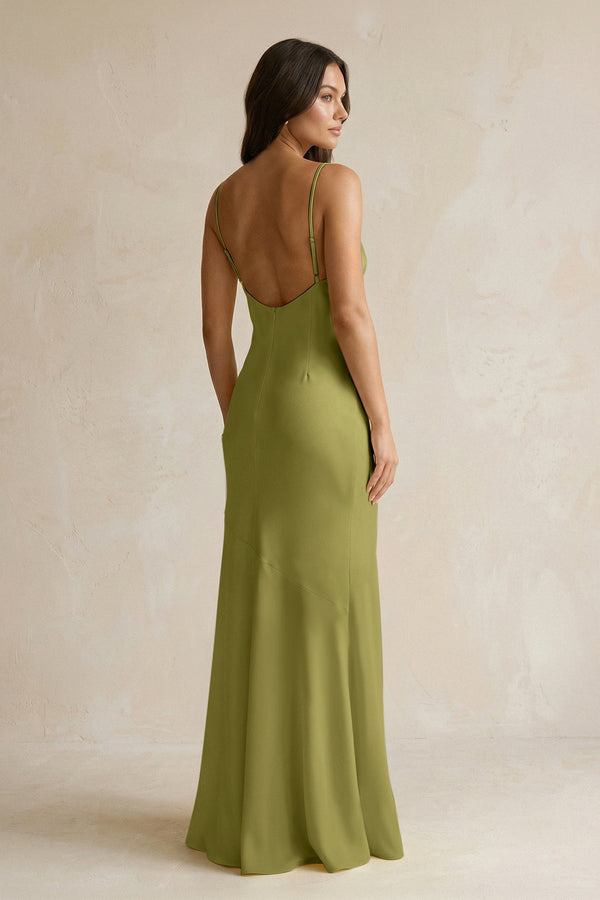 Cami Strap Sheath Satin Bridesmaid Dress With Slit in Moss Green - KissProm Bridesmaid Dresses