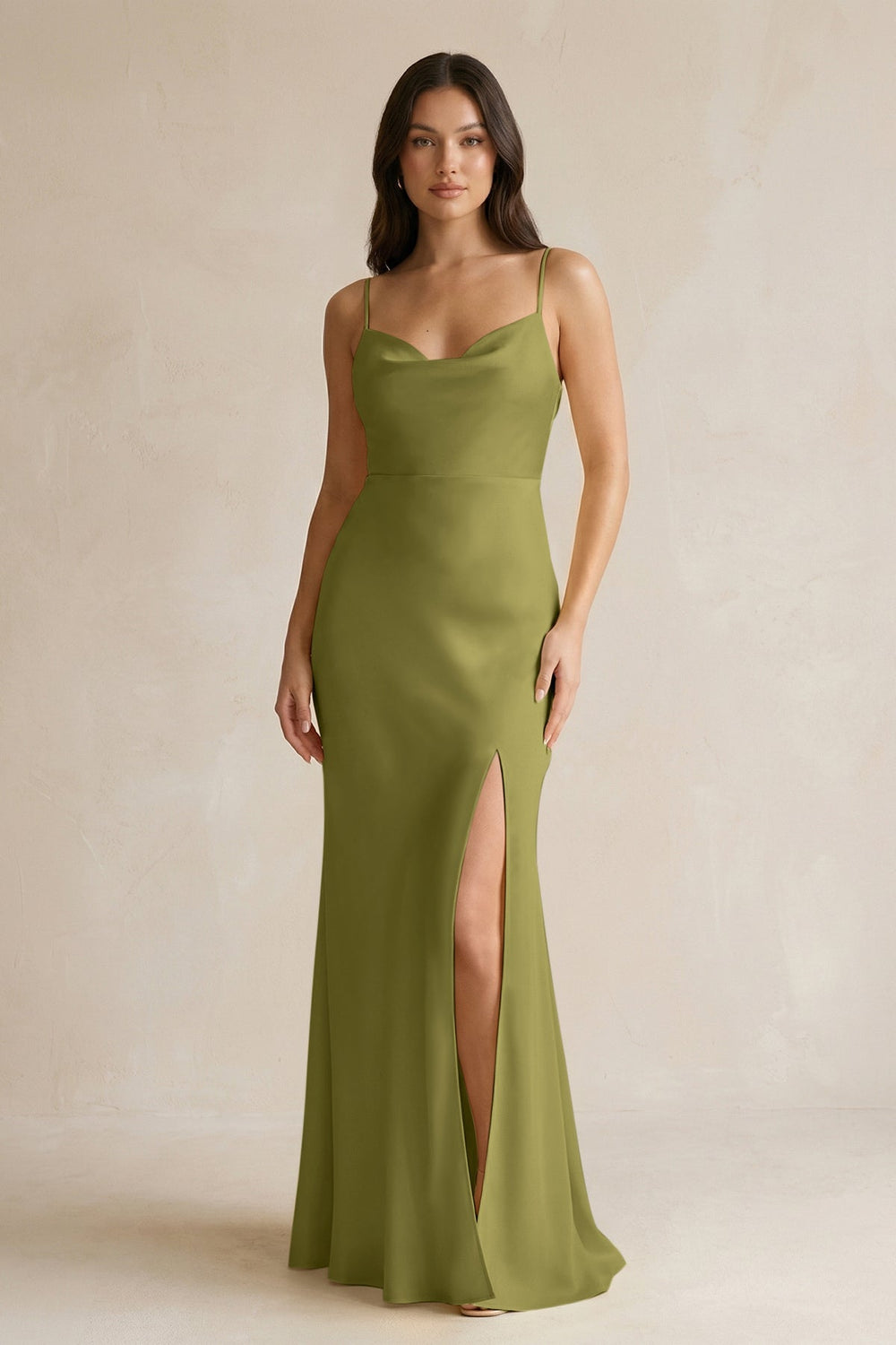 Cami Strap Sheath Satin Bridesmaid Dress With Slit in Moss Green - KissProm Bridesmaid Dresses
