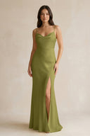 Cami Strap Sheath Satin Bridesmaid Dress With Slit in Moss Green - KissProm Bridesmaid Dresses