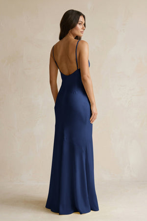 Cami Strap Sheath Satin Bridesmaid Dress With Slit in Navy - KissProm Bridesmaid Dresses
