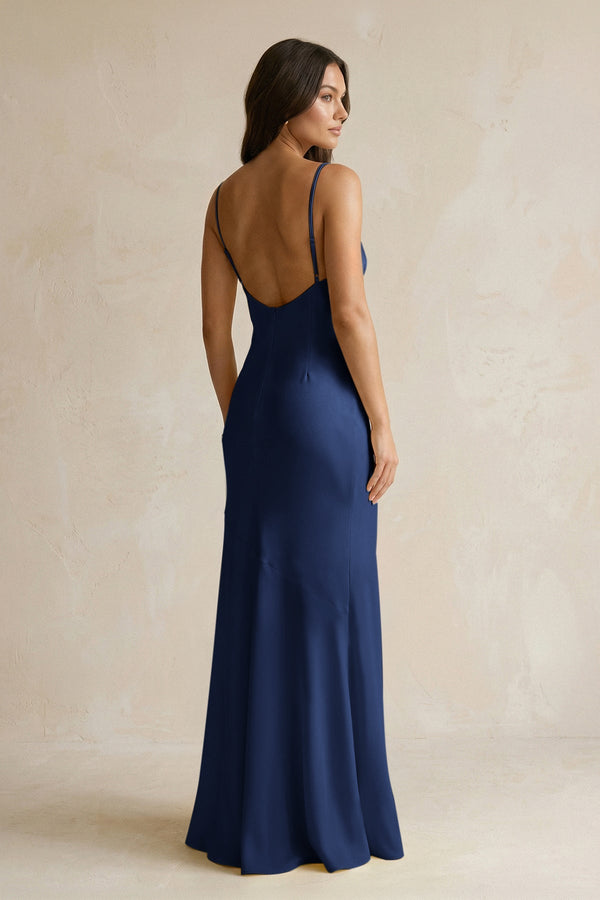 Cami Strap Sheath Satin Bridesmaid Dress With Slit in Navy - KissProm Bridesmaid Dresses