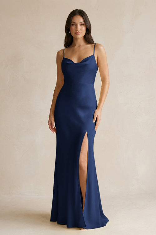 Cami Strap Sheath Satin Bridesmaid Dress With Slit in Navy - KissProm Bridesmaid Dresses