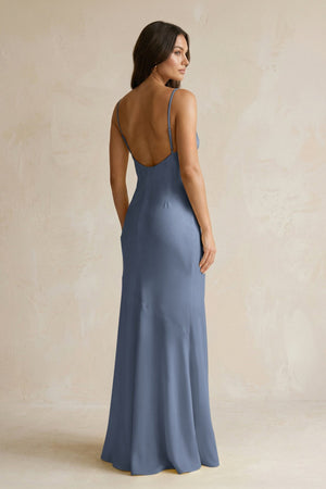 Cami Strap Sheath Satin Bridesmaid Dress With Slit in Neptune - KissProm Bridesmaid Dresses