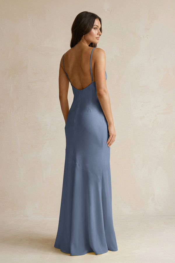 Cami Strap Sheath Satin Bridesmaid Dress With Slit in Neptune - KissProm Bridesmaid Dresses