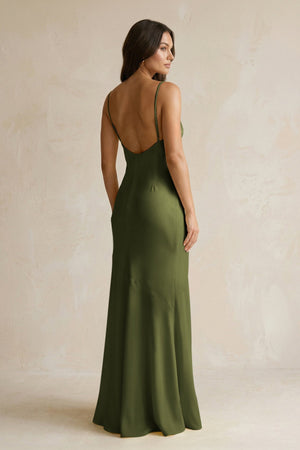 Cami Strap Sheath Satin Bridesmaid Dress With Slit in Olive - KissProm Bridesmaid Dresses