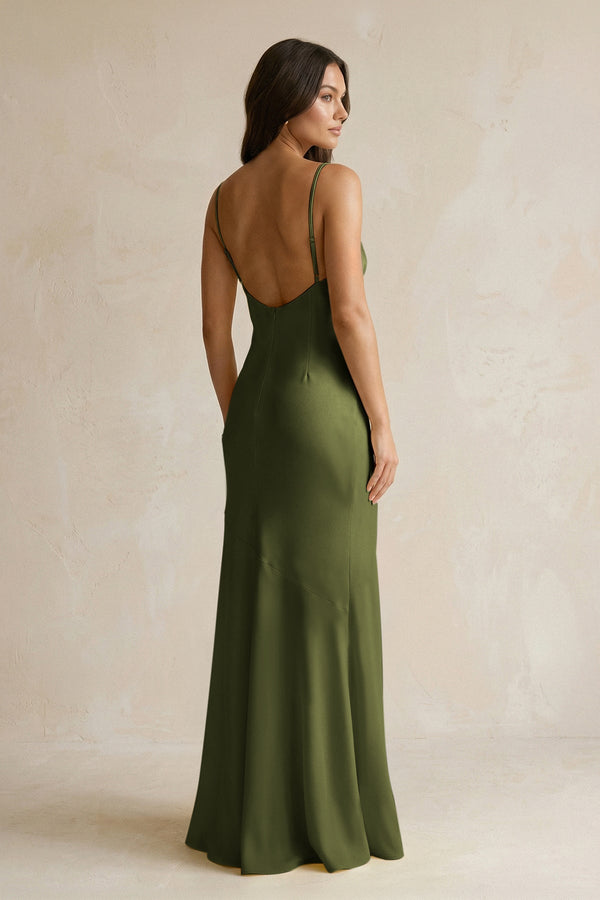 Cami Strap Sheath Satin Bridesmaid Dress With Slit in Olive - KissProm Bridesmaid Dresses