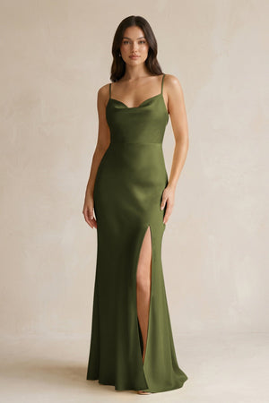 Cami Strap Sheath Satin Bridesmaid Dress With Slit in Olive - KissProm Bridesmaid Dresses