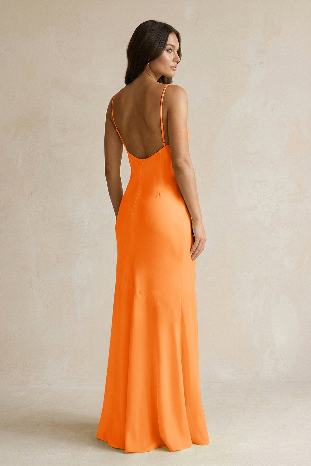Cami Strap Sheath Satin Bridesmaid Dress With Slit in Orange - KissProm Bridesmaid Dresses