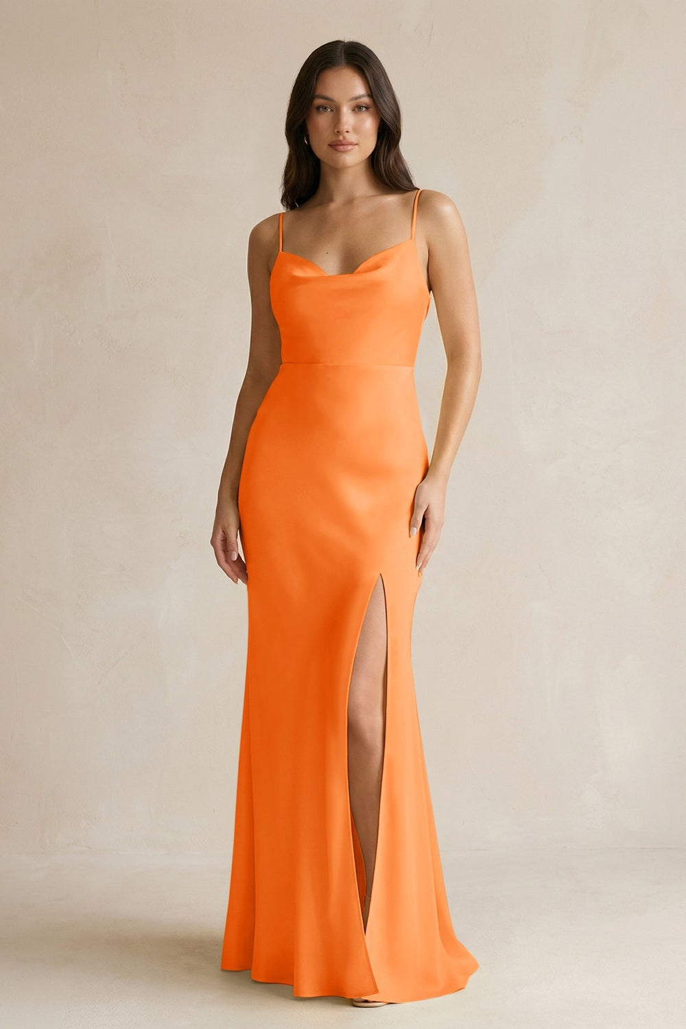 Cami Strap Sheath Satin Bridesmaid Dress With Slit in Orange - KissProm Bridesmaid Dresses