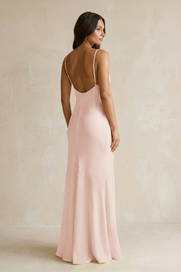 Cami Strap Sheath Satin Bridesmaid Dress With Slit in Pale Blush - KissProm Bridesmaid Dresses