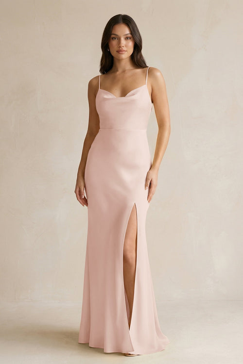 Cami Strap Sheath Satin Bridesmaid Dress With Slit in Pale Blush - KissProm Bridesmaid Dresses