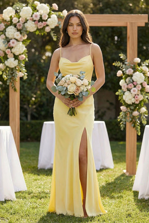 Cami Strap Sheath Satin Bridesmaid Dress With Slit in Pastel Yellow - KissProm Bridesmaid Dresses