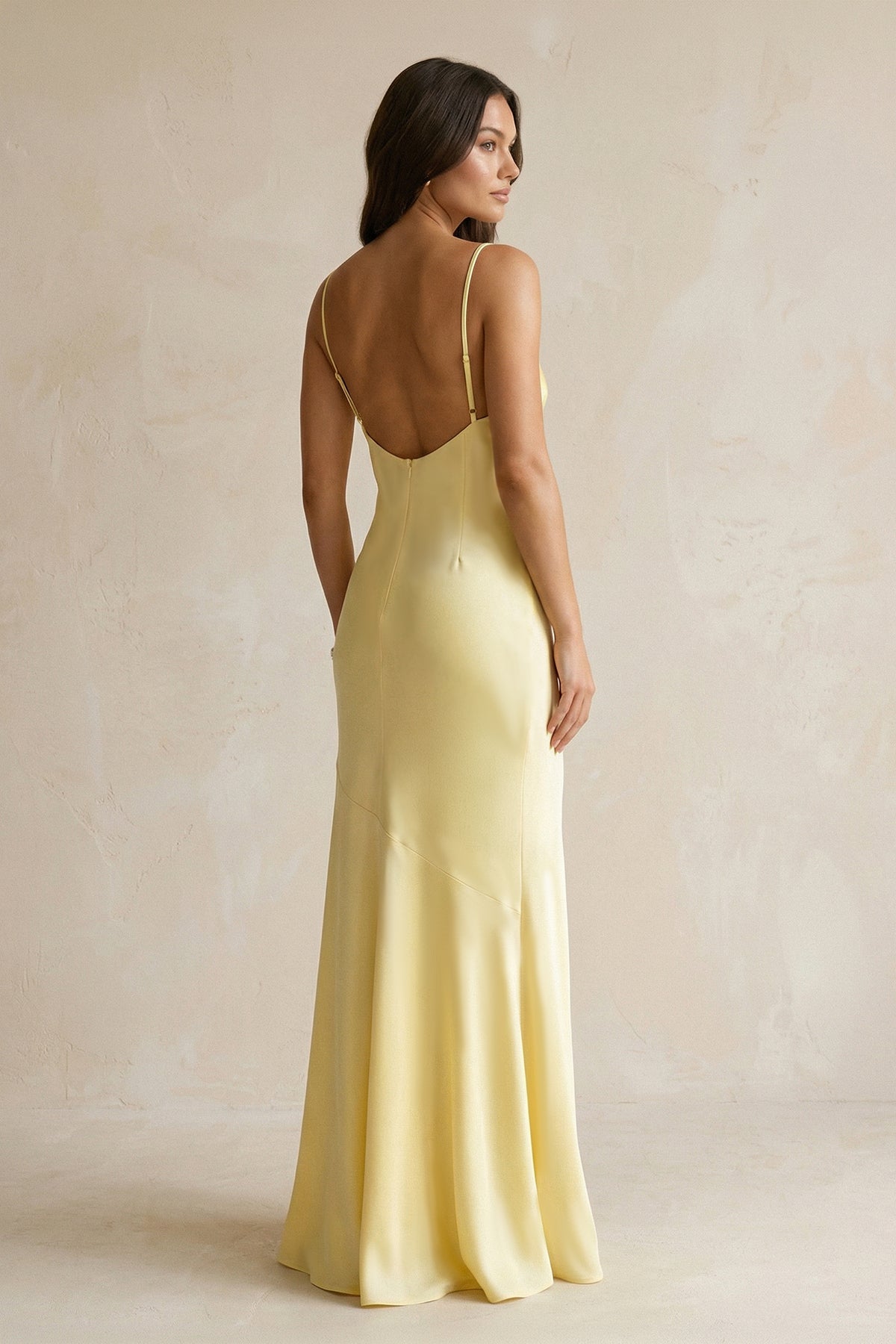 Cami Strap Sheath Satin Bridesmaid Dress With Slit in Pastel Yellow, Pastel Yellow / 6 Cami Strap Sheath Satin Bridesmaid Dress With Slit in Pastel Yellow, Pastel Yellow / 6