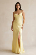 Cami Strap Sheath Satin Bridesmaid Dress With Slit in Pastel Yellow - KissProm Bridesmaid Dresses