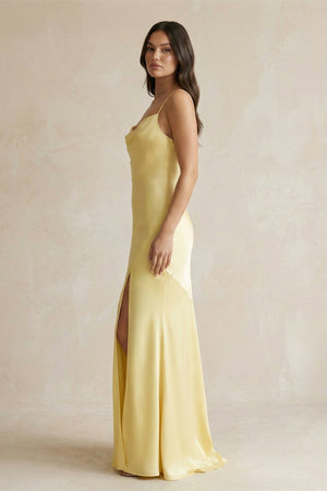 Cami Strap Sheath Satin Bridesmaid Dress With Slit in Pastel Yellow - KissProm Bridesmaid Dresses