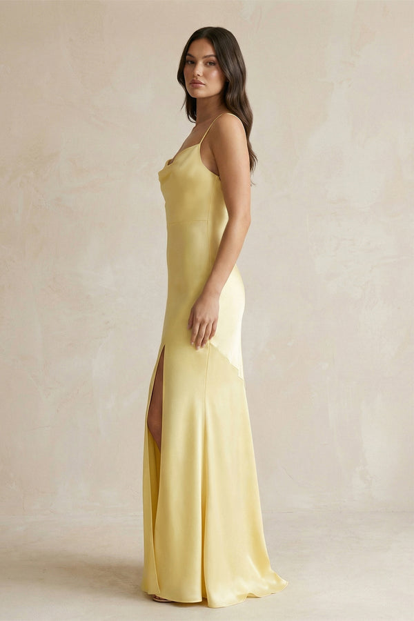 Cami Strap Sheath Satin Bridesmaid Dress With Slit in Pastel Yellow - KissProm Bridesmaid Dresses