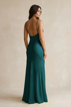 Cami Strap Sheath Satin Bridesmaid Dress With Slit in Pine - KissProm Bridesmaid Dresses