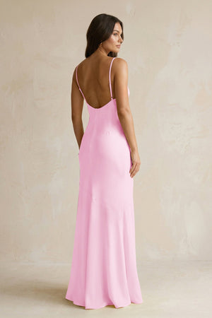 Cami Strap Sheath Satin Bridesmaid Dress With Slit in Pink - KissProm Bridesmaid Dresses
