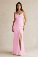 Cami Strap Sheath Satin Bridesmaid Dress With Slit in Pink - KissProm Bridesmaid Dresses