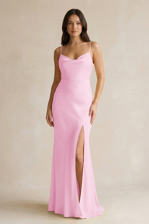Cami Strap Sheath Satin Bridesmaid Dress With Slit in Pink - KissProm Bridesmaid Dresses