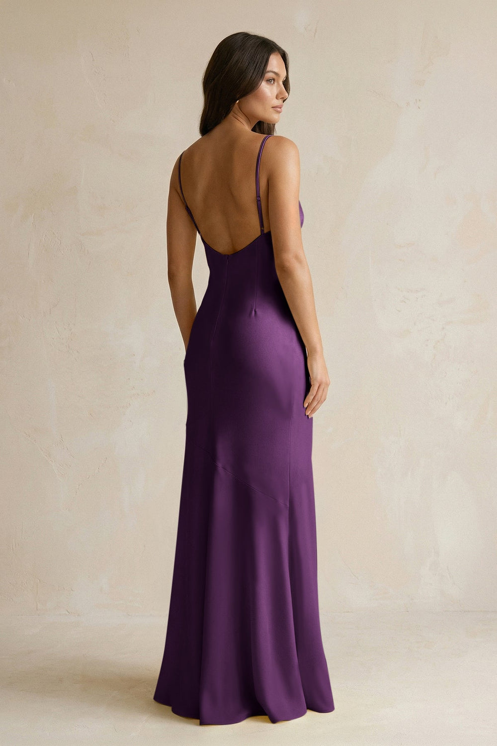 Cami Strap Sheath Satin Bridesmaid Dress With Slit in Plum - KissProm Bridesmaid Dresses