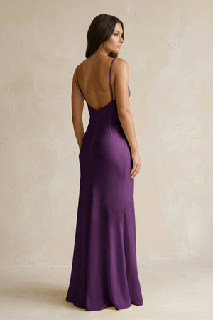 Cami Strap Sheath Satin Bridesmaid Dress With Slit in Plum - KissProm Bridesmaid Dresses