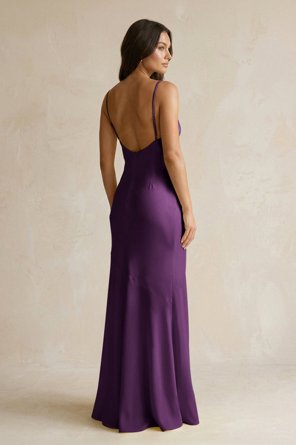 Cami Strap Sheath Satin Bridesmaid Dress With Slit in Plum - KissProm Bridesmaid Dresses