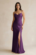 Cami Strap Sheath Satin Bridesmaid Dress With Slit in Plum - KissProm Bridesmaid Dresses