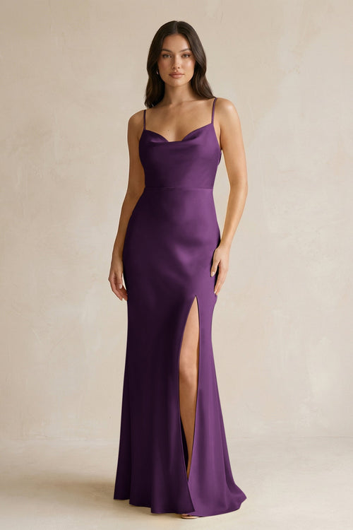 Cami Strap Sheath Satin Bridesmaid Dress With Slit in Plum - KissProm Bridesmaid Dresses