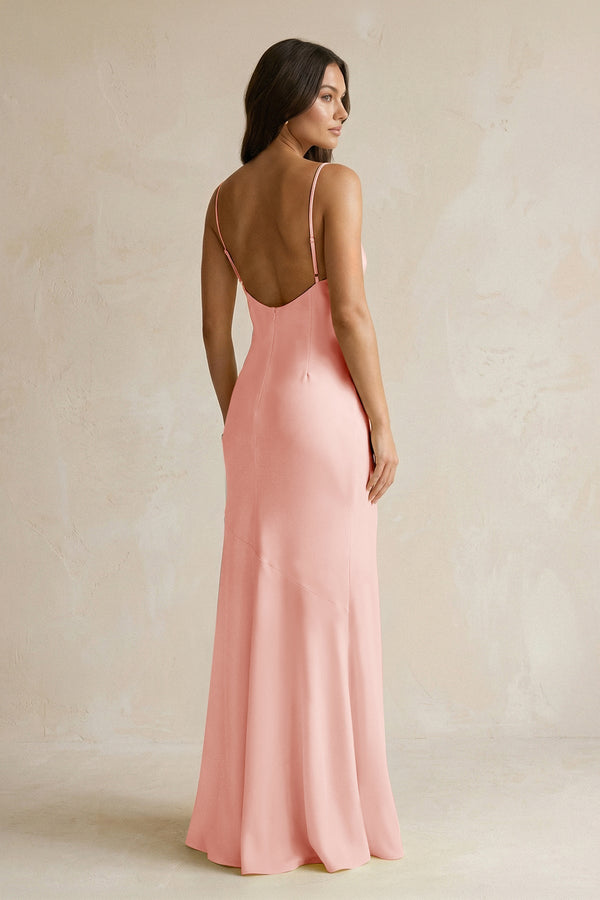 Cami Strap Sheath Satin Bridesmaid Dress With Slit in Rose Petal - KissProm Bridesmaid Dresses