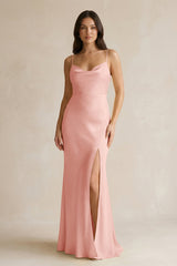 Cami Strap Sheath Satin Bridesmaid Dress With Slit in Rose Petal - KissProm Bridesmaid Dresses