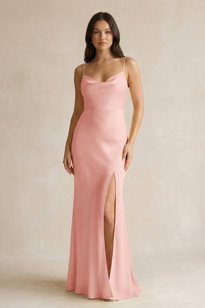 Cami Strap Sheath Satin Bridesmaid Dress With Slit in Rose Petal - KissProm Bridesmaid Dresses