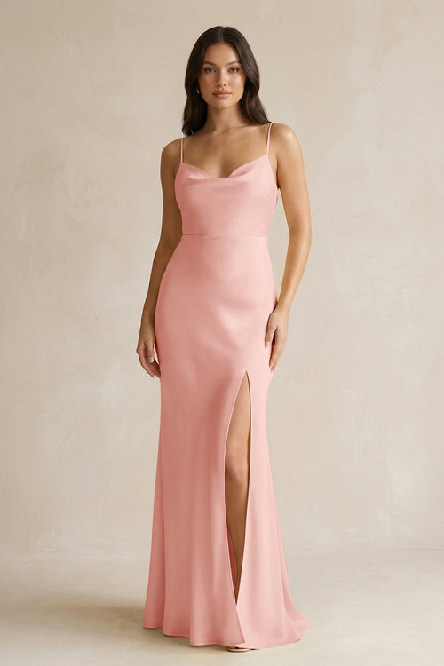 Cami Strap Sheath Satin Bridesmaid Dress With Slit in Rose Petal - KissProm Bridesmaid Dresses