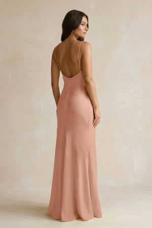 Cami Strap Sheath Satin Bridesmaid Dress With Slit in Rosette - KissProm Bridesmaid Dresses