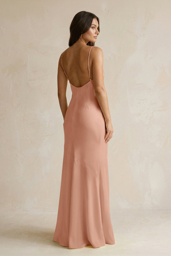 Cami Strap Sheath Satin Bridesmaid Dress With Slit in Rosette - KissProm Bridesmaid Dresses