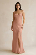 Cami Strap Sheath Satin Bridesmaid Dress With Slit in Rosette - KissProm Bridesmaid Dresses