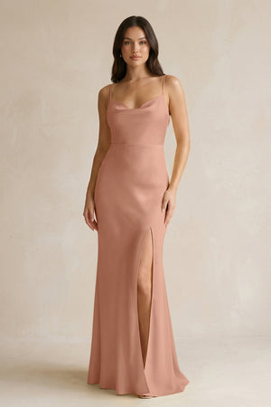 Cami Strap Sheath Satin Bridesmaid Dress With Slit in Rosette - KissProm Bridesmaid Dresses