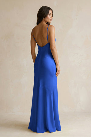 Cami Strap Sheath Satin Bridesmaid Dress With Slit in Royal Blue - KissProm Bridesmaid Dresses