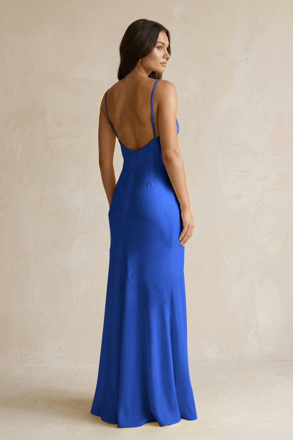 Cami Strap Sheath Satin Bridesmaid Dress With Slit in Royal Blue - KissProm Bridesmaid Dresses