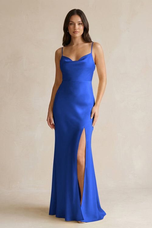 KissProm | Cami Strap Sheath Satin Bridesmaid Dress With Slit in Royal Blue KissProm | Cami Strap Sheath Satin Bridesmaid Dress With Slit in Royal Blue