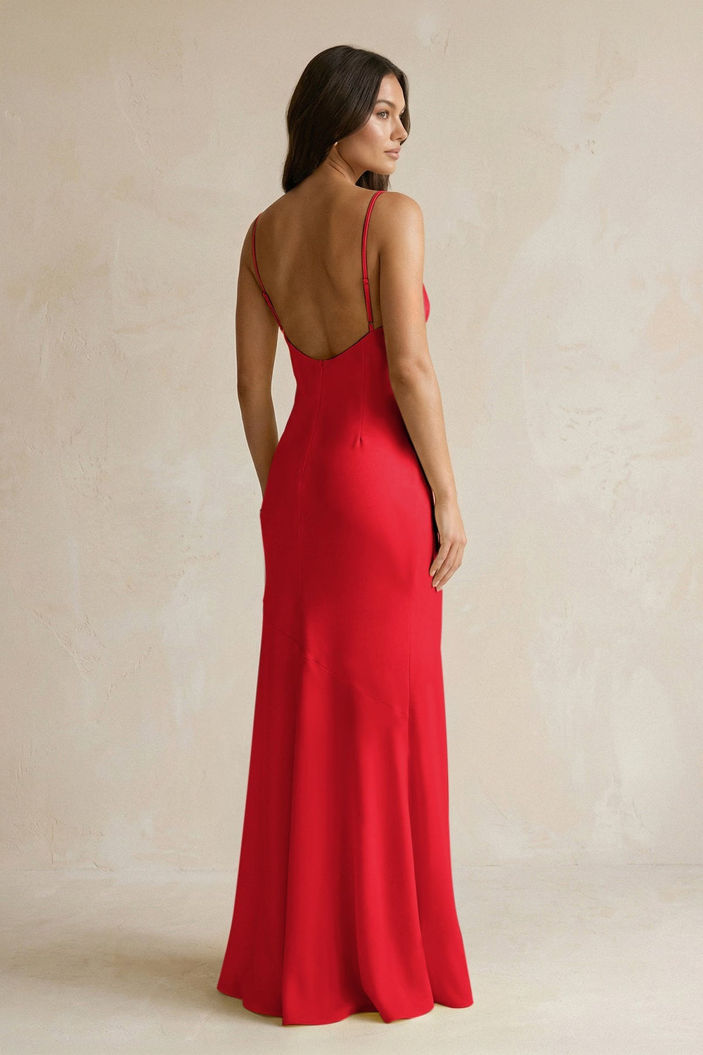 Cami Strap Sheath Satin Bridesmaid Dress With Slit in Ruby Red - KissProm Bridesmaid Dresses