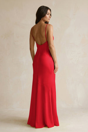 Cami Strap Sheath Satin Bridesmaid Dress With Slit in Ruby Red - KissProm Bridesmaid Dresses